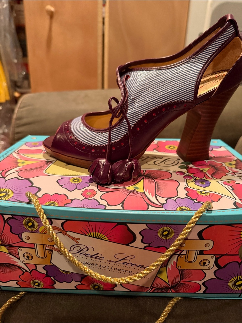 Poetic License Plum and Gray Peep-Toe Lace-Up Heel with Tassels